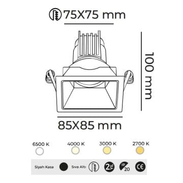 MOLLED MOL4150M 12 Watt Siyah Sıva Altı Kare LED Spot (SAMSUNG/OSRAM/PHILIPS LED & EAGLERISE/PHILIPS/LIFUD Driver)