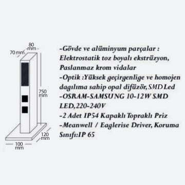 CreaLight CL-B-117 12 Watt 75 cm Kapaklı Topraklı Prizli LED Bollard Armatür - Metal Gövde - SAMSUNG/OSRAM LED & MEAN WELL/EAGLERISE Driver - IP65 - Gün Işığı (3000K)