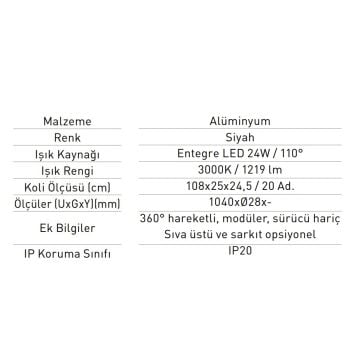 JUPITER JL006 24 Watt 104 cm Modüler LED Aydınlatma - 360 Derece Hareketli - OSRAM LED - Gün Işığı (3000K)