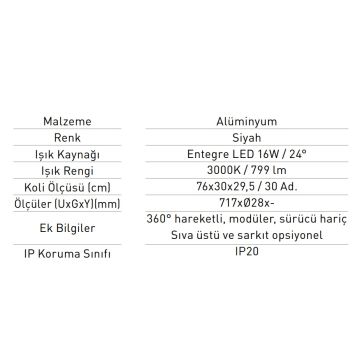 JUPITER JL002 16 Watt 72 cm Modüler LED Aydınlatma - 360 Derece Hareketli - OSRAM LED - Gün Işığı (3000K)