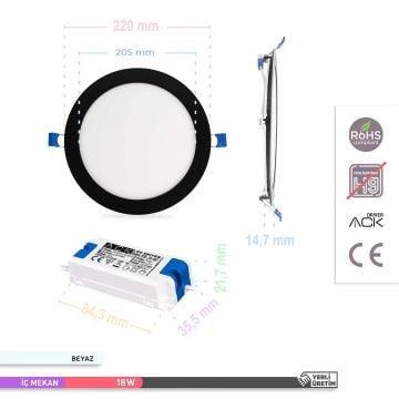 ACK AP01-01831 18 Watt Sıva Altı Siyah Kasa Yuvarlak LED Panel - OSRAM LED - Beyaz Işık (6500K)