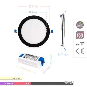 ACK AP01-01811 18 Watt Sıva Altı Siyah Kasa Yuvarlak LED Panel - OSRAM LED - Gün Işığı (3000K)