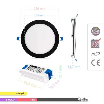 ACK AP01-01801 18 Watt Sıva Altı Siyah Kasa Yuvarlak LED Panel - OSRAM LED - Ilık Beyaz (4000K)