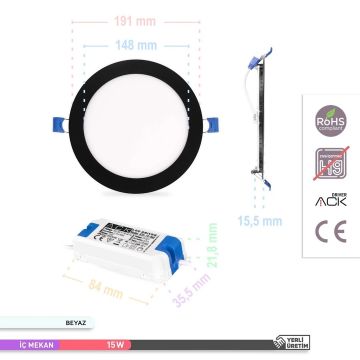 ACK AP01-01531 15 Watt Sıva Altı Siyah Kasa Yuvarlak LED Panel - OSRAM LED - Beyaz Işık (6500K)