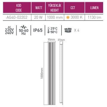 ACK AG40-02202 20 Watt 100 cm Dış Mekan LED Aplik - Metal - Gün Işığı (3000K)