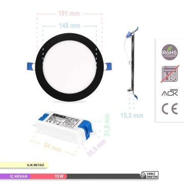 ACK AP01-01511 15 Watt Sıva Altı Siyah Kasa Yuvarlak LED Panel - OSRAM LED - Gün Işığı (3000K)