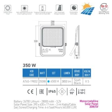 ACK AT65-19832 350 Watt Solar Projektör - Beyaz Işık (6500K)