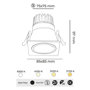 MOLLED MOL4081 8 Watt Siyah Kasa Sıva Altı Kare LED Spot (SAMSUNG/OSRAM/PHILIPS LED & EAGLERISE/PHILIPS/LIFUD Driver)