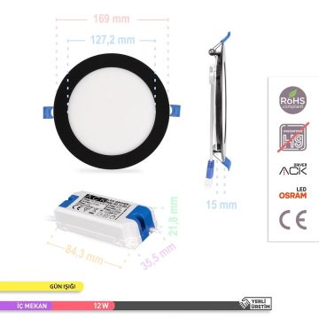 ACK AP01-01201 12 Watt Sıva Altı Siyah Kasa Yuvarlak LED Panel - OSRAM LED - Ilık Beyaz (4000K)