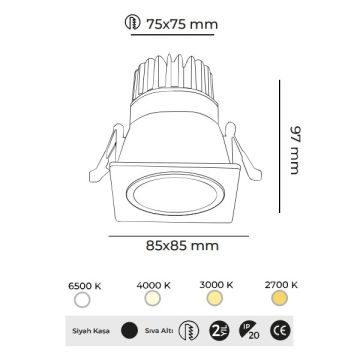 MOLLED MOL4081 10 Watt Siyah Kasa Sıva Altı Kare LED Spot (SAMSUNG/OSRAM/PHILIPS LED & EAGLERISE/PHILIPS/LIFUD Driver)
