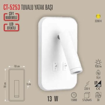 CATA CT-5253B Tuvalu 13 Watt Beyaz Yatak Başı LED Aplik - Gün Işığı (3200K)