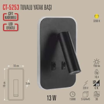 CATA CT-5253S Tuvalu 13 Watt Siyah Yatak Başı LED Aplik - Gün Işığı (3200K)