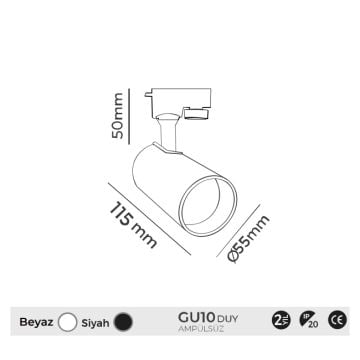 MOLLED MOL2311 Beyaz/Siyah Silindirik Ray Spot Kasası (Metal - GU10 Duylu)