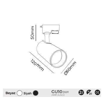 MOLLED MOL2310 Beyaz/Siyah Silindirik Ray Spot Kasası (Metal - GU10 Duylu)