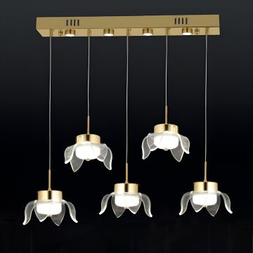 CL-760-5L 92 Watt Beşli Gold/Krom Modern LED Avize - 3 Işık Renkli (Beyaz + Ilık Beyaz + Gün Işığı)