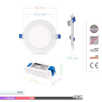 ACK AP01-00930 9 Watt Sıva Altı Yuvarlak LED Panel - OSRAM LED - Ilık Beyaz (4000K)