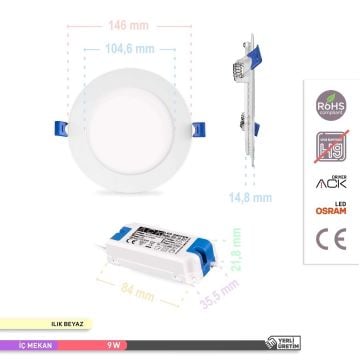 ACK AP01-00910 9 Watt Sıva Altı Yuvarlak LED Panel - OSRAM LED - Ilık Beyaz (4000K)