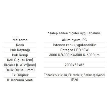 JUPITER JL200 60 Watt 200 cm Sıva Üstü Lineer Armatür - SAMSUNG LED & TRIDONIC Driver
