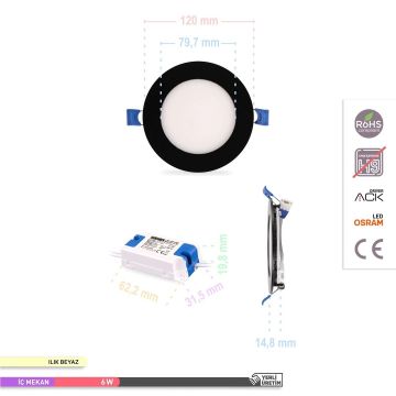 ACK AP01-00611 6 Watt Sıva Altı Siyah Kasa Yuvarlak LED Panel - OSRAM LED - Gün Işığı (3000K)