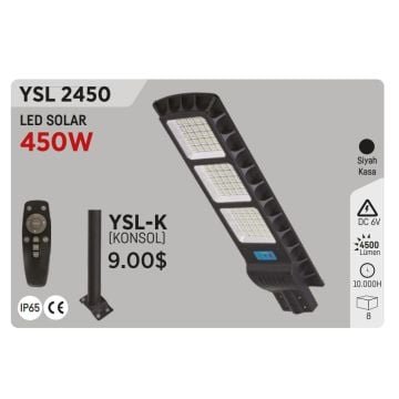 YCL YSL 2450 450 Watt Sensörlü LED Solar Sokak Armatürü - Beyaz Işık (6500K)