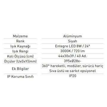 JUPITER JL001 8 Watt 40 cm Modüler LED Aydınlatma - 360 Derece Hareketli - OSRAM LED - Gün Işığı (3000K)