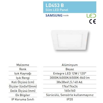 JUPITER LD453 B 12 Watt Sıva Altı Kare SAMSUNG LED Panel