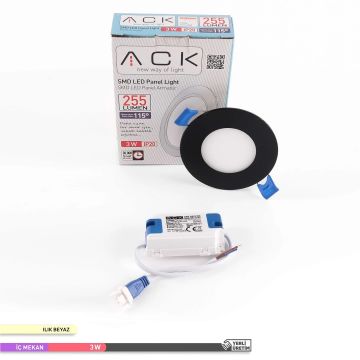 ACK AP01-00311 3 Watt Sıva Altı Siyah Kasa Yuvarlak LED Panel - OSRAM LED - Gün Işığı (3000K)