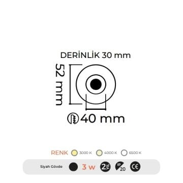 MOLLED MOL7037S 3 Watt Siyah LED Manda Gözü Spot