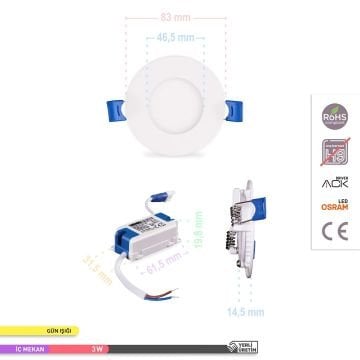 ACK AP01-00330 3 Watt Sıva Altı Yuvarlak LED Panel - OSRAM LED - Ilık Beyaz (4000K)