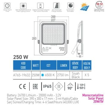 ACK AT65-19632 250 Watt Solar Projektör - Beyaz Işık (6500K)