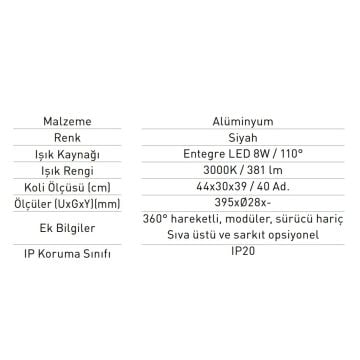 JUPITER JL004 8 Watt 40 cm Modüler LED Aydınlatma - 360 Derece Hareketli - OSRAM LED - Gün Işığı (3000K)