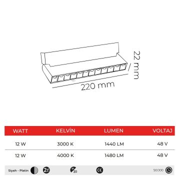 MOLLED MOL6033P 12 Watt 22 cm Lensli Hareketli LED Magnet Armatür (Siyah-Platin)