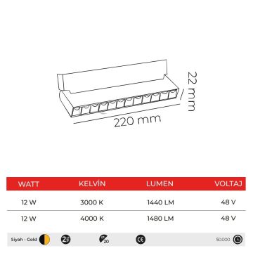 MOLLED MOL6033G 12 Watt 22 cm Lensli Hareketli LED Magnet Armatür (Siyah-Gold)