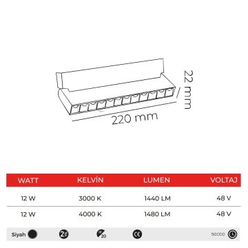 MOLLED MOL6033S 12 Watt 22 cm Lensli Hareketli LED Magnet Armatür (Siyah)