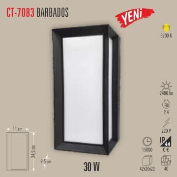 CATA CT-7083 Barbados 30 Watt Dış Mekan LED Aplik - PC Gövde - Gün Işığı (3200K)