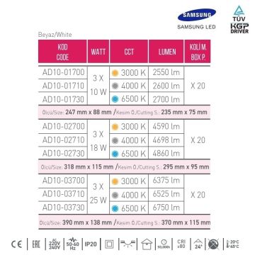 ACK AD10-03730 3x25 Watt Siyah-Beyaz Üçlü Sıva Altı SAMSUNG LED Spot - Beyaz Işık (6500K)