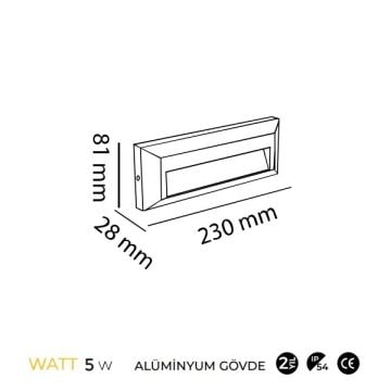 MOLLED MOL9098 5 Watt Siyah Sıva Üstü Dikdörtgen Dış Mekan LED Merdiven Armatürü - Metal - Gün Işığı (3000K)