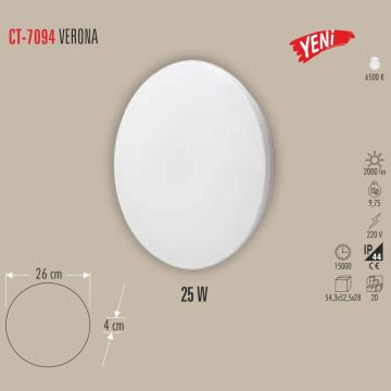 CATA CT-7094 Verona 25 Watt Beyaz Dış Mekan LED Aplik - PC Gövde - Beyaz Işık (6400K)
