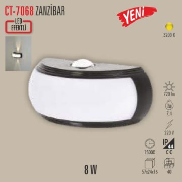 CATA CT-7068 Zenzibar 8 Watt Çift Yönlü Dış Mekan LED Aplik - PC Gövde - Gün Işığı (3200K)