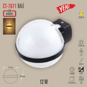 CATA CT-7071 Bali 12 Watt Çift Yönlü Dış Mekan LED Aplik - PC Gövde - Gün Işığı (3200K)