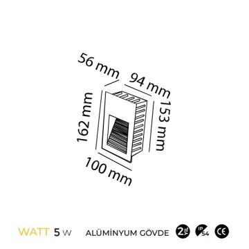 MOLLED MOL9089 3 Watt Antrasit Sıva Altı Dikdörtgen Dış Mekan LED Merdiven Armatürü - Metal - Gün Işığı (3000K)