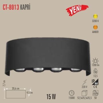 CATA CT-8013 Kapri 15 Watt Siyah Çift Yönlü Dış Mekan LED Aplik - PC Gövde - Amber