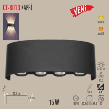 CATA CT-8013 Kapri 15 Watt Siyah Çift Yönlü Dış Mekan LED Aplik - PC Gövde - Gün Işığı (3200K)