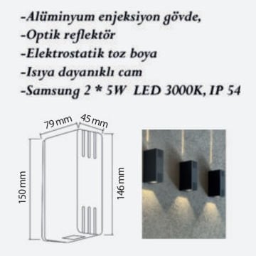 CreaLight CL-AP-114 2x5 Watt Çift Yönlü Dış Mekan LED Aplik - SAMSUNG LED - Metal Gövde - IP54 - Gün Işığı (3000K)