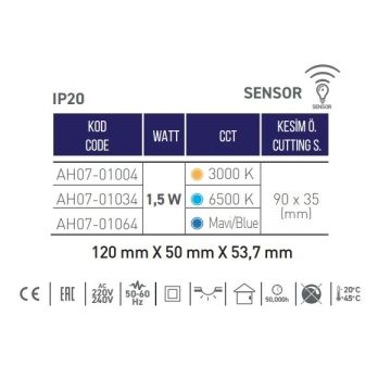 ACK AH07-01064 1.5 Watt Krom Kasa Sensörlü Sıva Altı Dikdörtgen LED Merdiven Armatürü - Mavi Işık