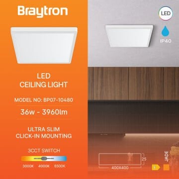 Braytron BP07-10480 36 Watt 40x40 cm Beyaz Kasa Sıva Üstü Kare LED Panel Armatür - 3 Işık Renkli (Beyaz + Ilık Beyaz + Gün Işığı)