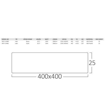 Braytron BP07-10480 36 Watt 40x40 cm Beyaz Kasa Sıva Üstü Kare LED Panel Armatür - 3 Işık Renkli (Beyaz + Ilık Beyaz + Gün Işığı)