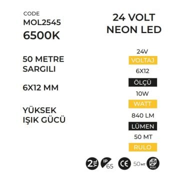 MOLLED MOL2545 24 Volt Beyaz Işık (6500K) Neon Led - 10 Watt/Metre - 6x12 mm [50 Metre]