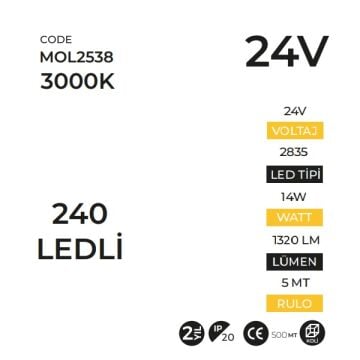 MOLLED MOL2538 5 Metre 24 Volt 14.4 Watt 240 Ledli Gün Işığı (3000K) Şerit Led