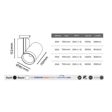 MOLLED MOL2329 30 Watt Siyah/Beyaz Kasa LED Ray Spot (SAMSUNG/OSRAM/PHILIPS LED & EAGLERISE/PHILIPS/LIFUD Driver)